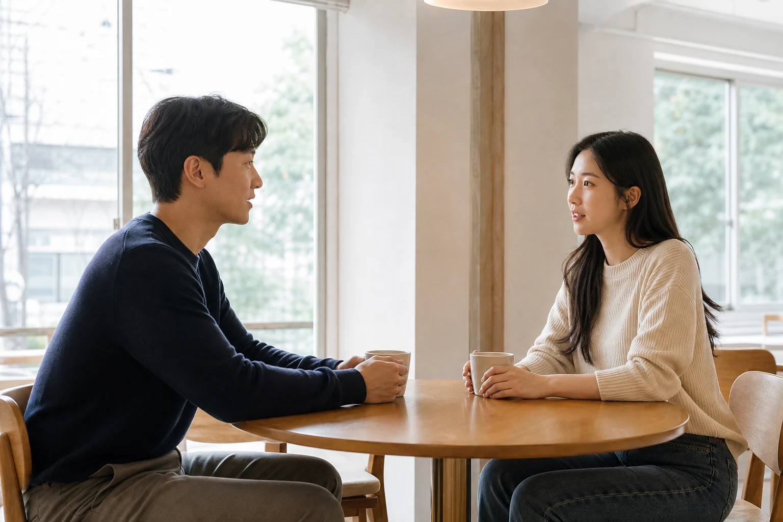 가까워진 다음 날 밝은 카페에서 서로의 관계 기대를 차분히 확인하는 두 사람