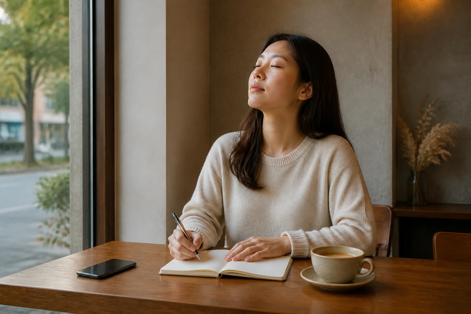 카페 창가에서 휴대전화를 뒤집어 놓고 노트에 집중하며 답장 불안을 가라앉히는 사람
