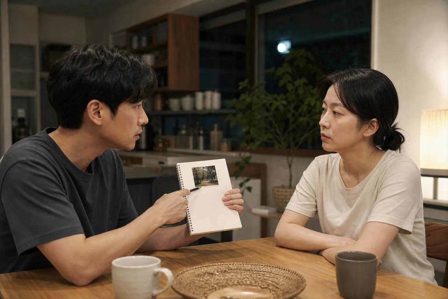 식탁에서 메모 카드를 사이에 두고 다툼 속 과장된 말을 차분히 되짚는 연인의 모습