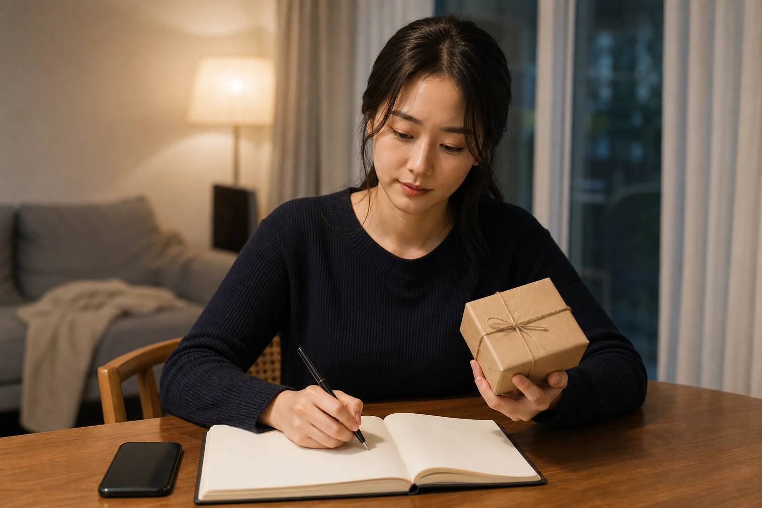 작은 선물을 든 채 노트에 상대의 꾸준한 행동을 적으며 선물의 의미를 차분히 판단하는 사람