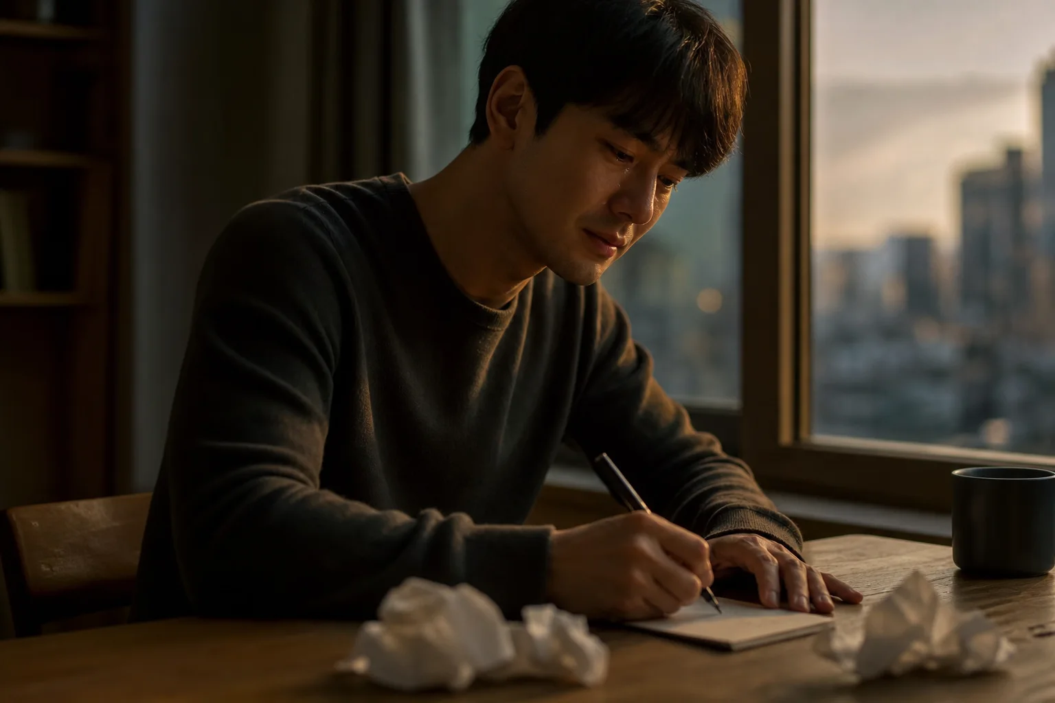 밤 창가 책상에서 구겨진 메모 옆 새 종이에 감정을 정리하는 남성의 모습
