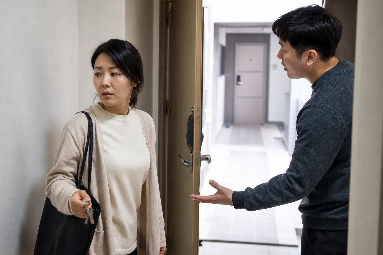 열린 현관문 가까이에서 열쇠를 쥔 채 화가 난 상대와 안전거리를 두는 여성의 모습