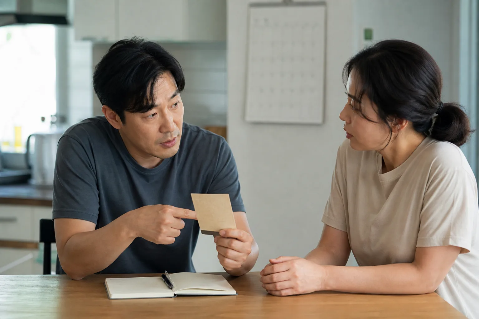식탁에서 작은 계획 카드를 함께 확인하며 사과 뒤 행동 변화를 논의하는 연인의 모습