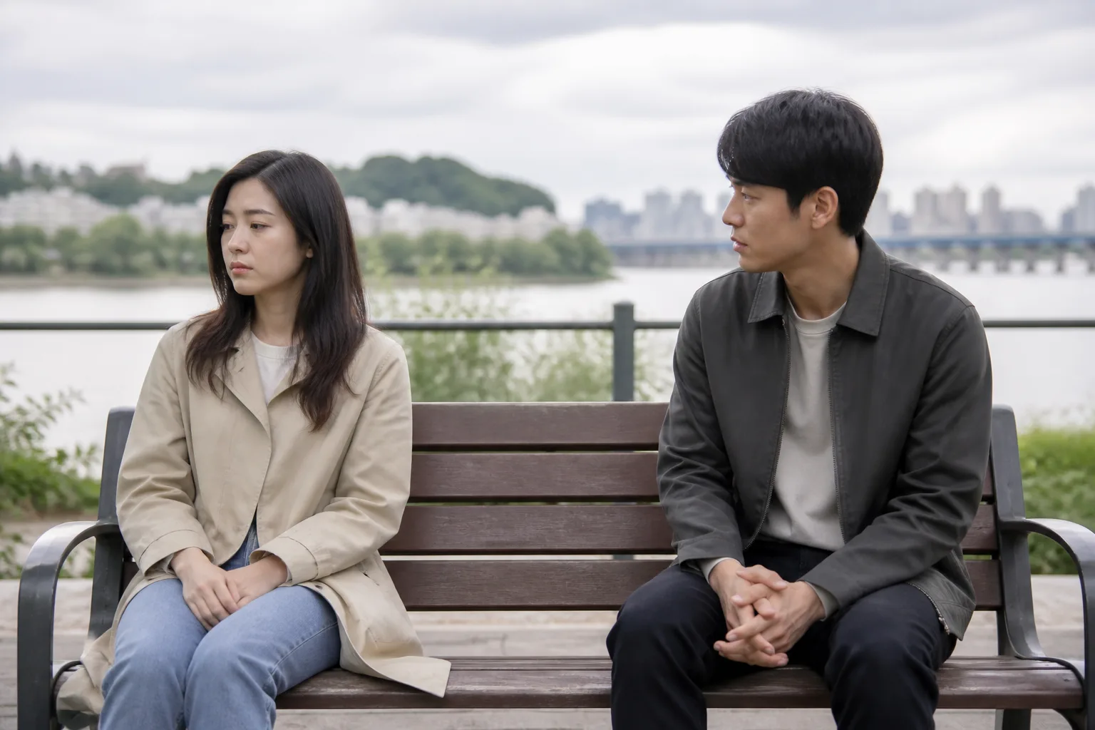 강변 벤치에서 거리를 둔 채 사과 뒤 마음을 천천히 정리하는 연인의 모습