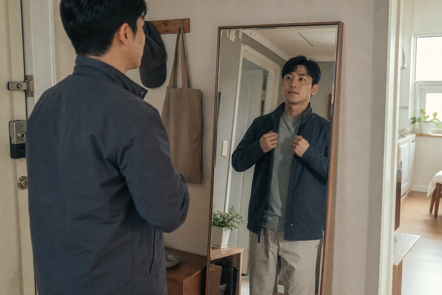 현관 거울 앞에서 편안한 재킷을 정돈하고 외출을 준비하며 자신감을 되찾는 남성