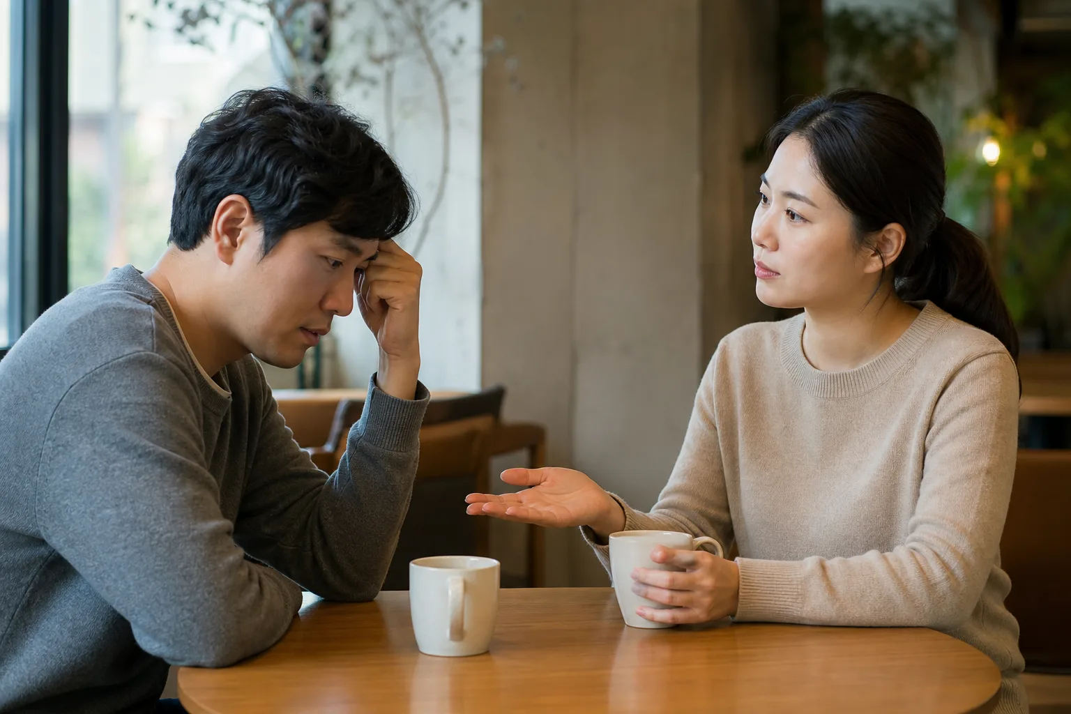 카페에서 지친 표정의 상대 이야기를 끊지 않고 듣는 연인의 모습
