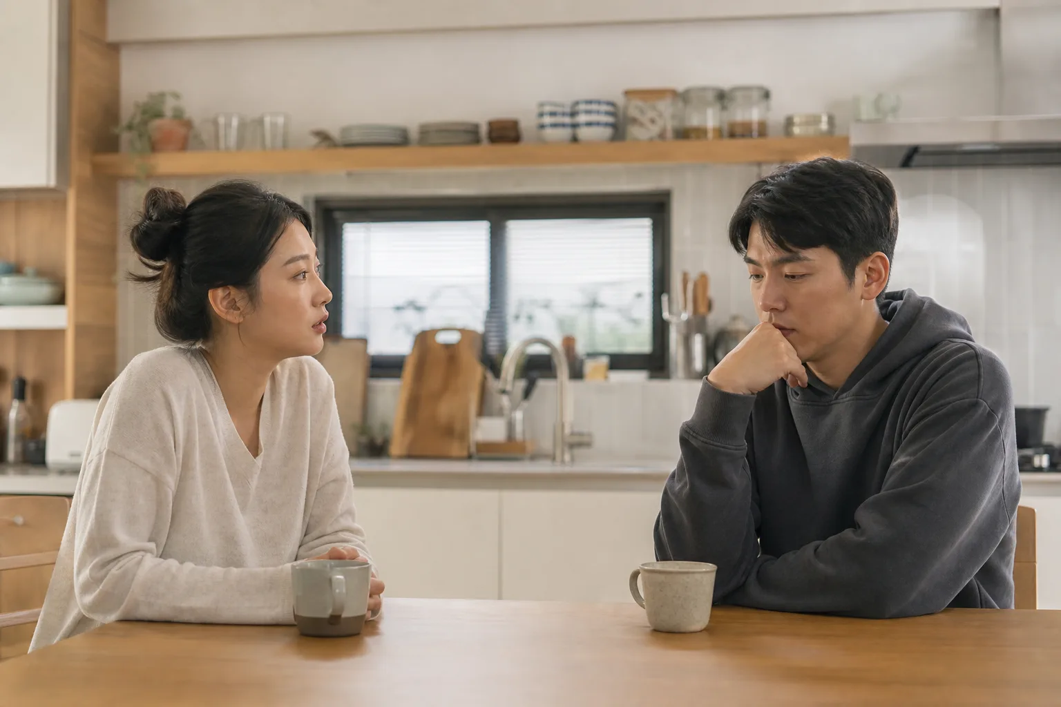 주방 식탁에서 서로 거리를 둔 채 요구를 협박 없이 직접 말하는 연인의 모습