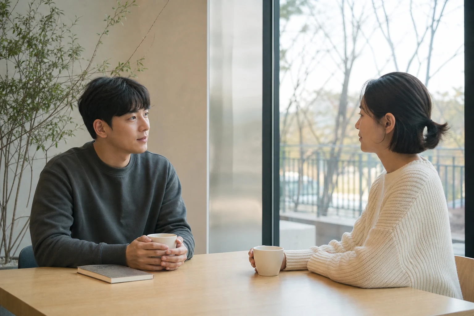 조용한 카페에서 작은 이야기부터 천천히 꺼내며 상대의 경청 태도를 살피는 두 사람