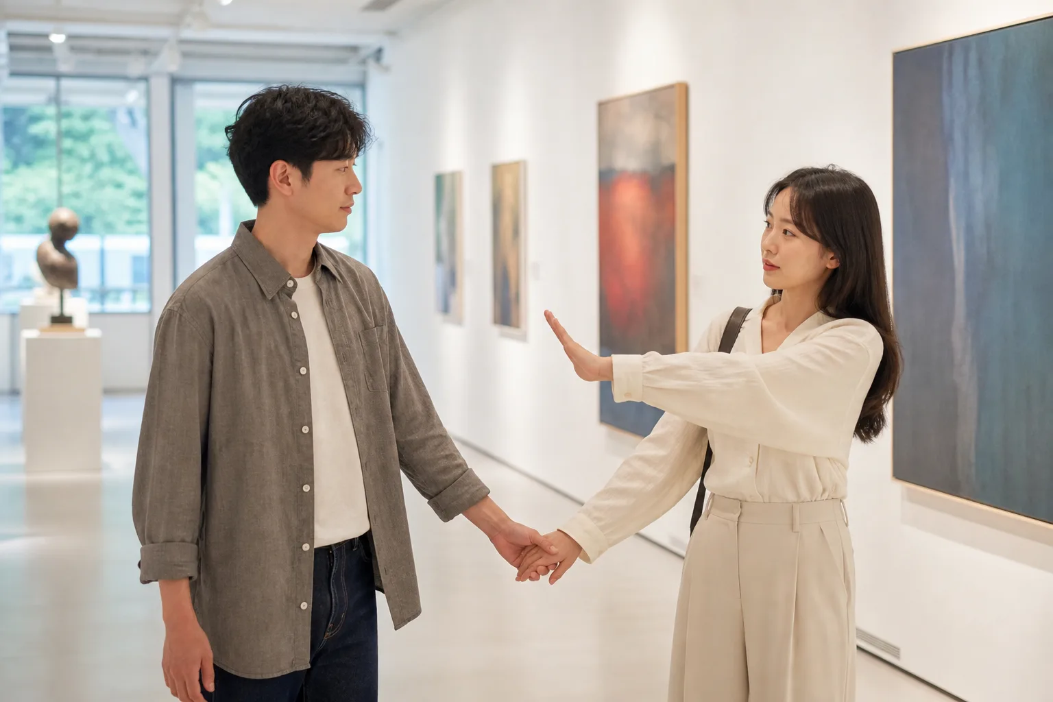 미술관 통로에서 편안한 거리를 손짓으로 알리고 존중받는 연인의 모습