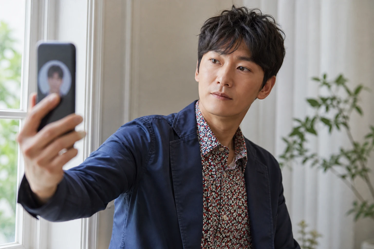 단색 재킷으로 무늬 셔츠의 면적을 줄이고 작은 프로필 화면에서 얼굴이 먼저 보이는지 확인하는 사람