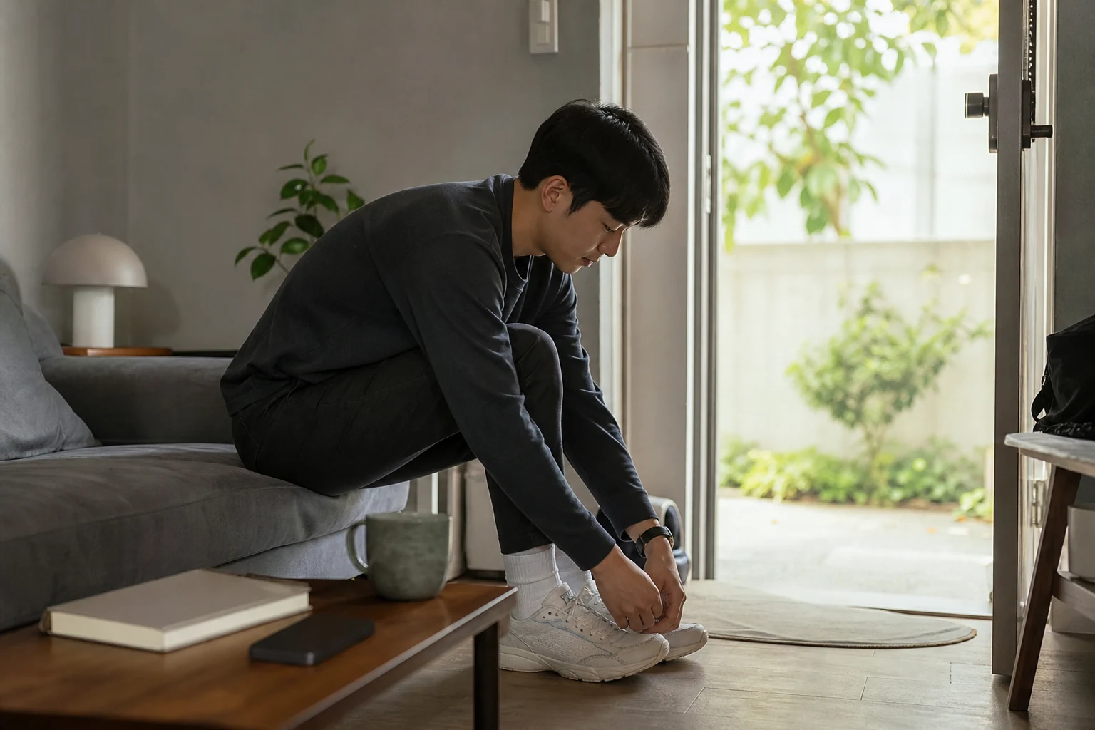 보내려던 긴 메시지를 멈추고 휴대전화를 내려놓은 채 현관 밖으로 나갈 준비를 하는 사람
