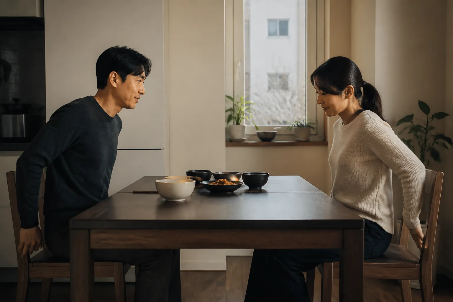 다툼 뒤 식탁으로 의자를 다시 당기며 함께 책임지려는 연인의 모습