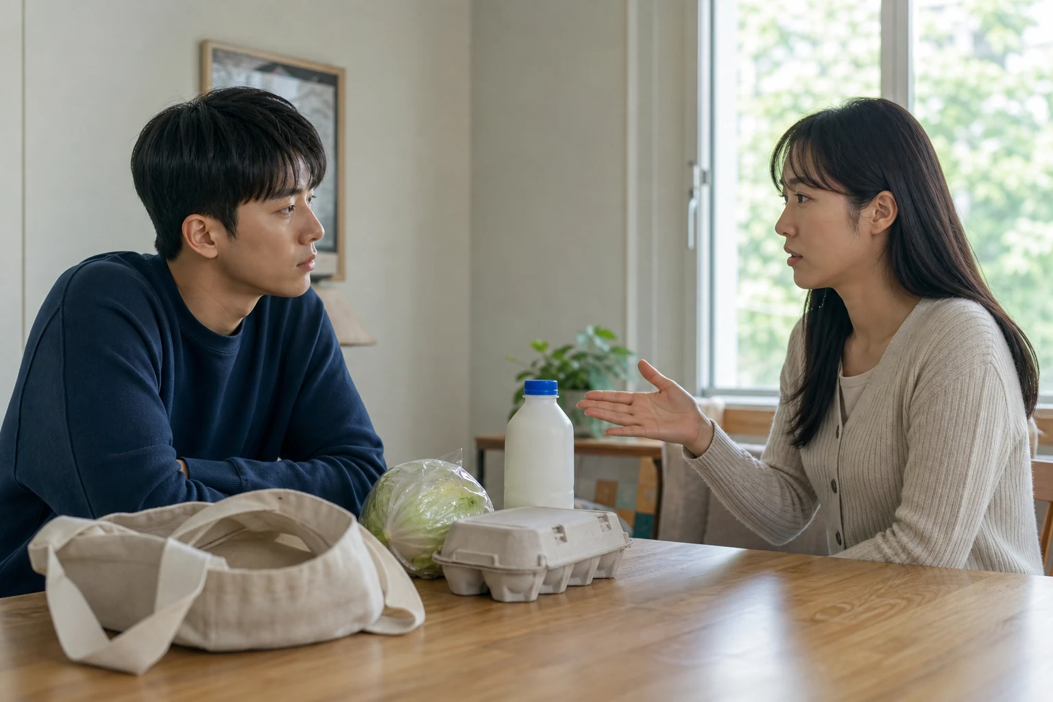 장바구니와 심부름 물건을 사이에 두고 반복된 부탁이 왜 부담이 됐는지 차분히 듣는 연인