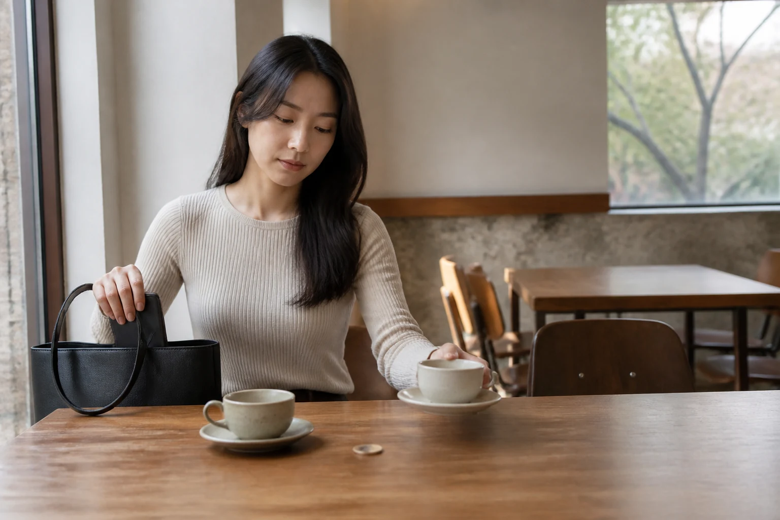 전 연인이 약속을 취소하자 빈자리의 두 번째 잔을 치우고 휴대전화를 가방에 넣는 사람