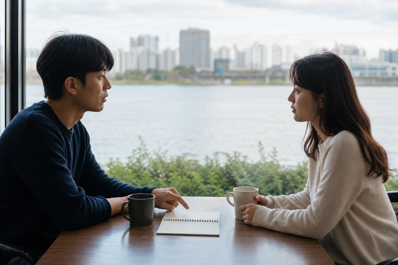 강변 카페에서 거리를 두고 마주 앉아 이별 뒤 이어진 만남의 의미를 분명히 묻는 두 사람