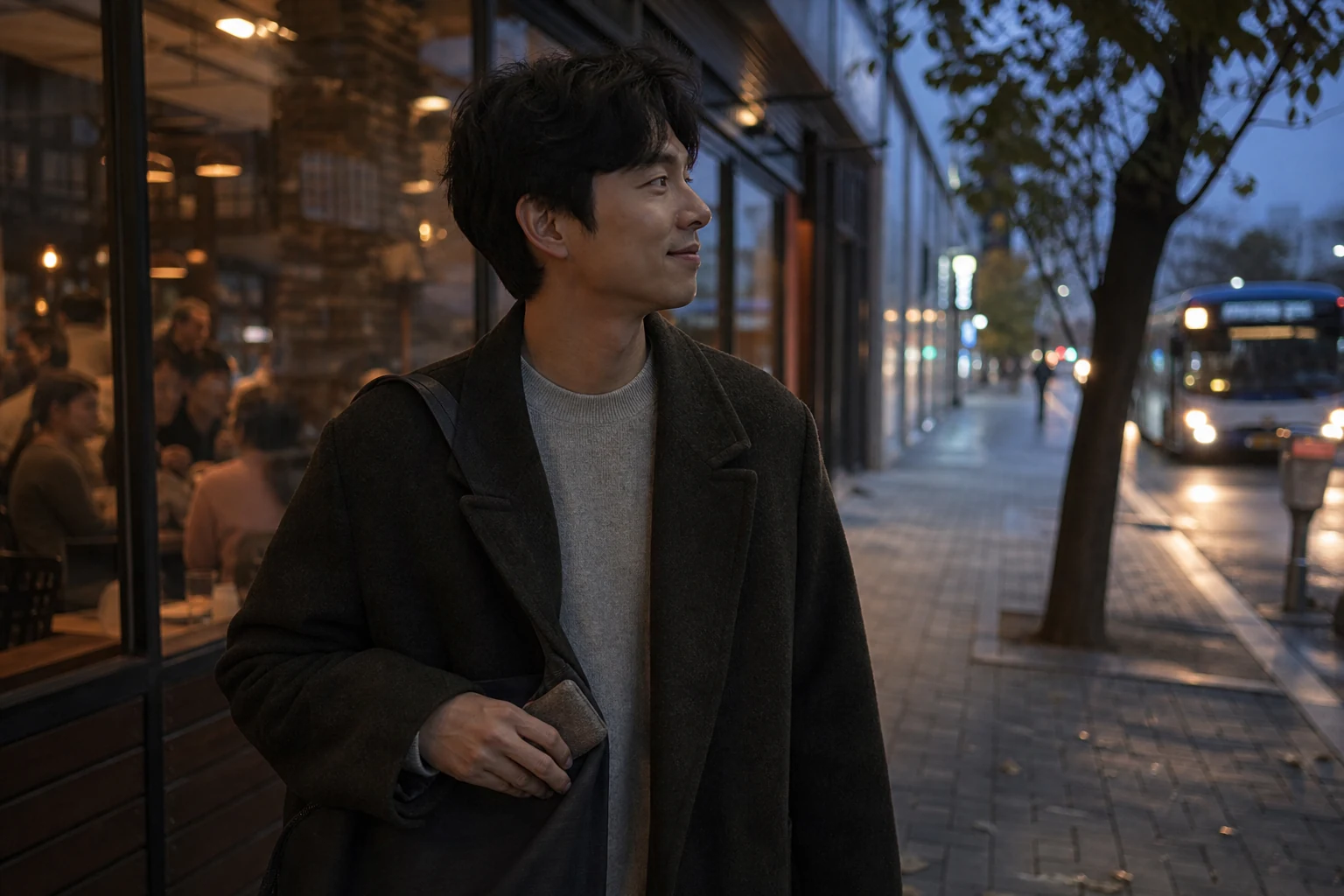 소개팅을 마친 뒤 전 연인 생각에 머물지 않고 버스와 거리 풍경으로 시선을 돌리는 사람