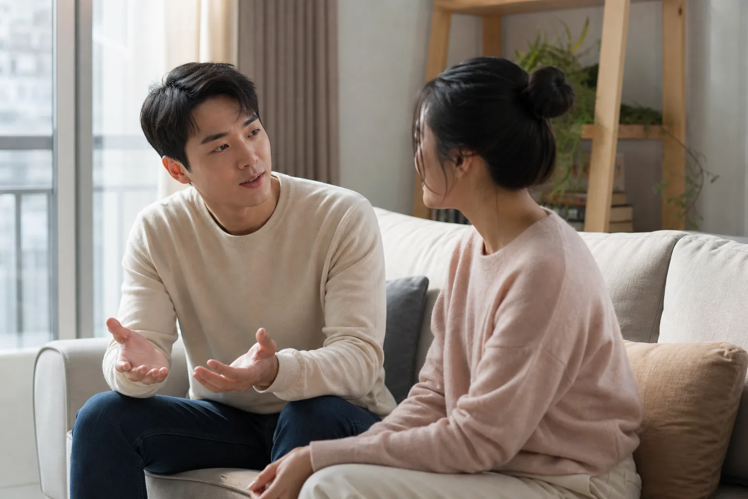 소파에서 들은 내용을 되짚어 말하며 상대 반응을 살피는 연인의 모습