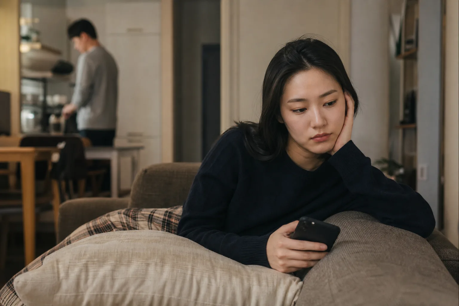 전 연인에게 새 사람이 생길까 봐 불안할 때 상황을 일상 공간에서 차분히 마주하는 한국 성인들의 자연스러운 모습