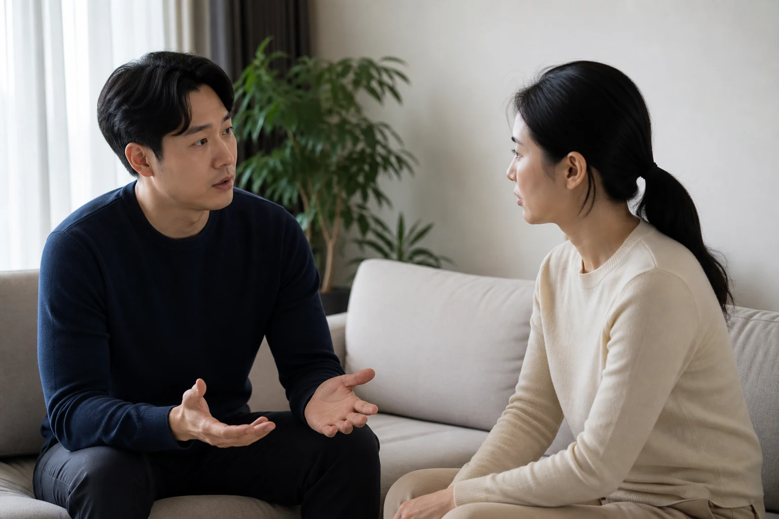 조용한 거실에서 미뤄온 중요한 사실을 차분한 순서로 꺼내는 두 사람