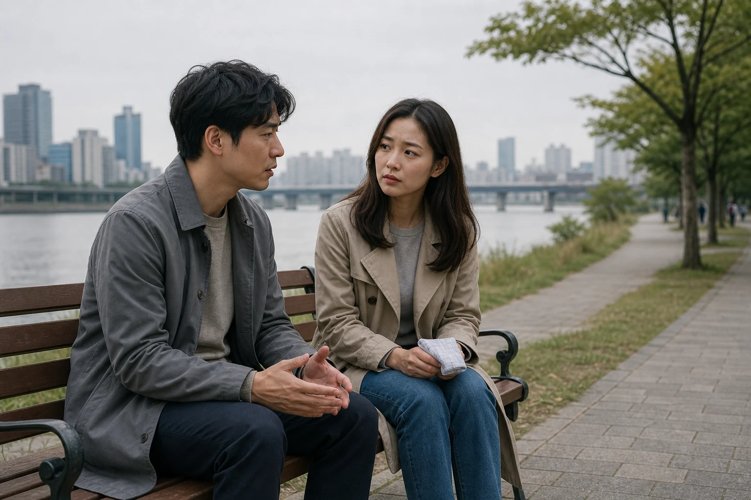 마음이 식었다는 말을 듣고 붙잡기보다 강변 벤치에서 그 뜻을 차분히 확인하는 연인