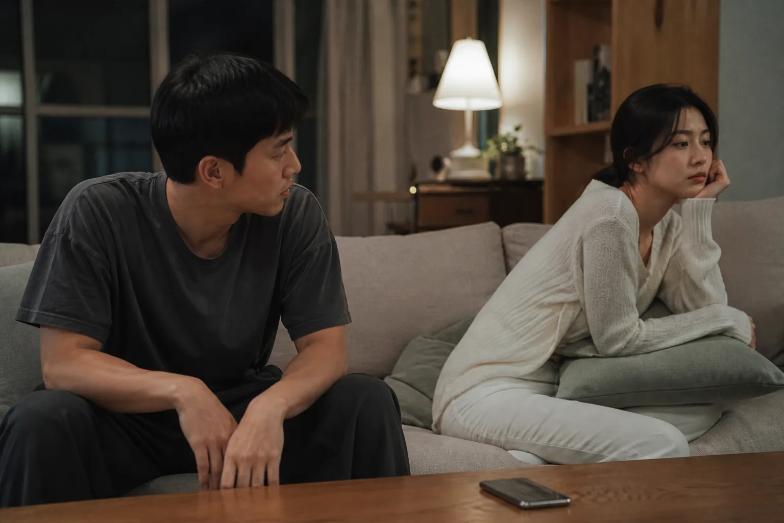 같은 소파에 떨어져 앉아 휴대전화를 내려놓고 외로움을 말하려는 연인의 모습
