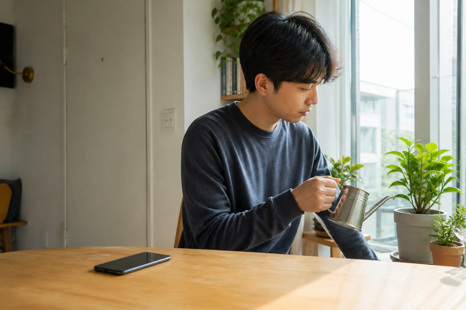 오랜만의 연락에 짧은 답이 온 뒤 휴대전화를 뒤집어 놓고 화분을 돌보는 사람