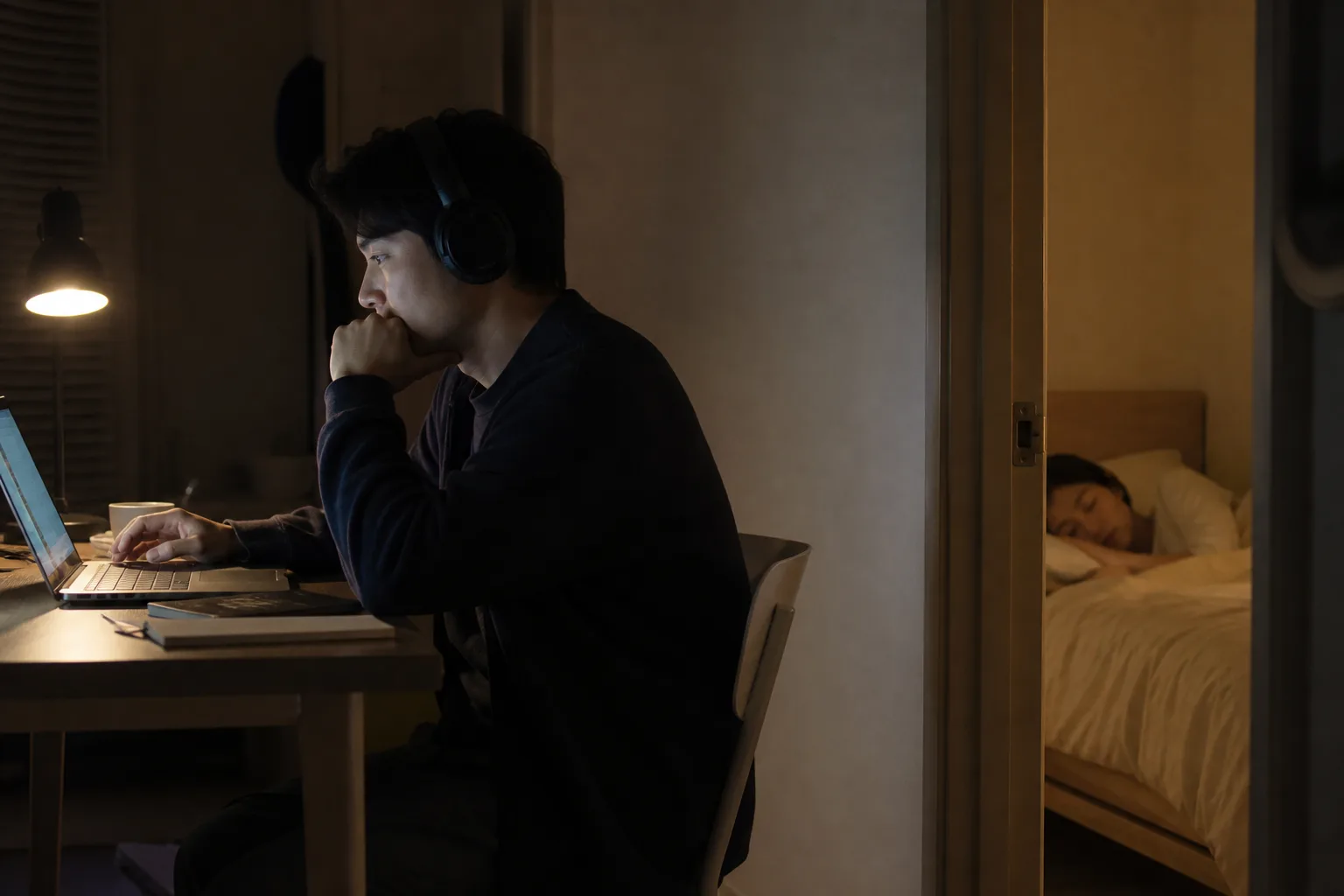 늦은 밤 각자의 생활 리듬을 조율하려고 거실에서 대화하는 연인의 모습