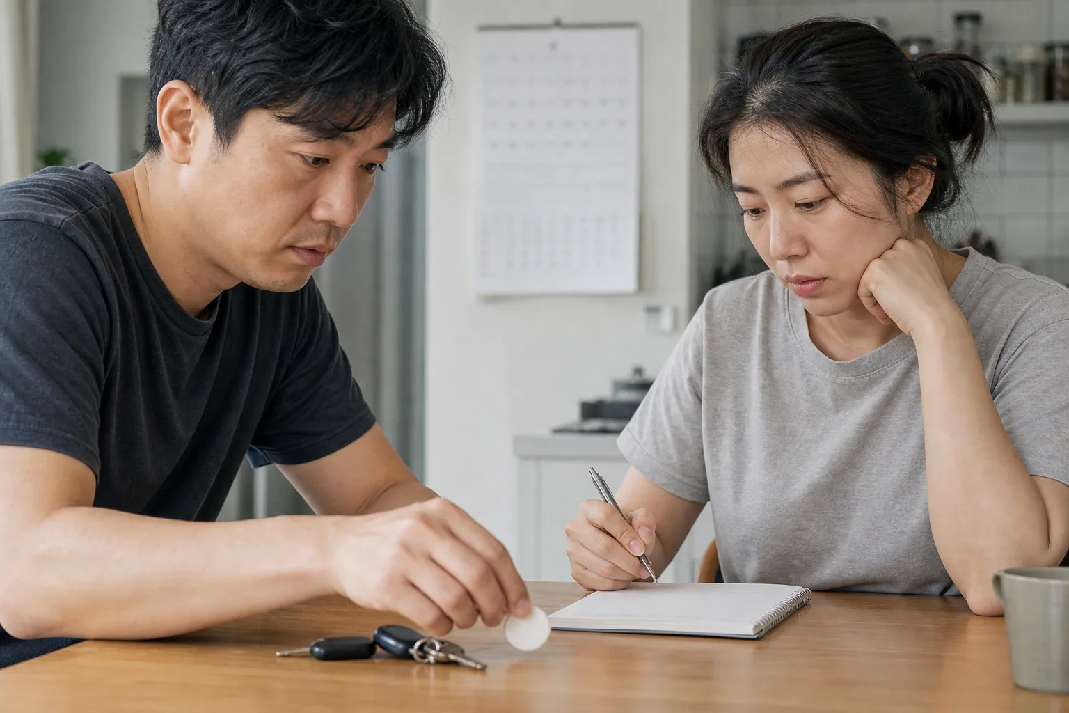 식탁에서 작은 알림 카드를 함께 확인하며 반복된 약속을 고치려는 연인의 모습