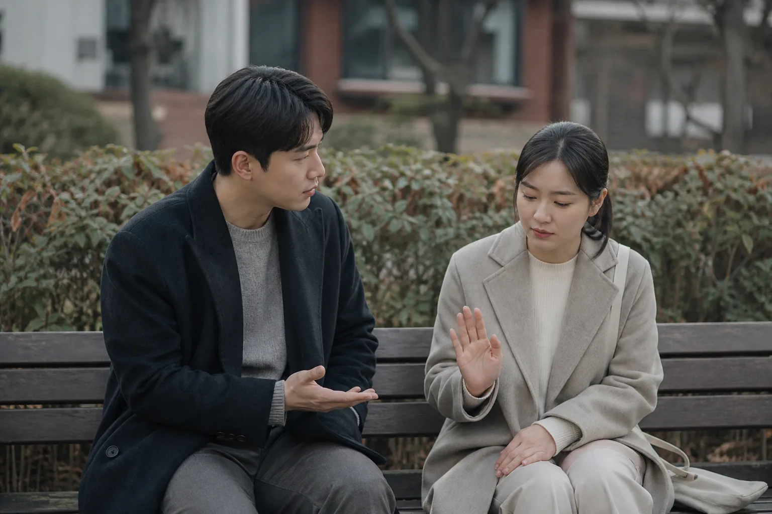 공원 벤치에서 무거운 고민을 꺼내기 전 서로의 여유를 확인하는 연인의 모습