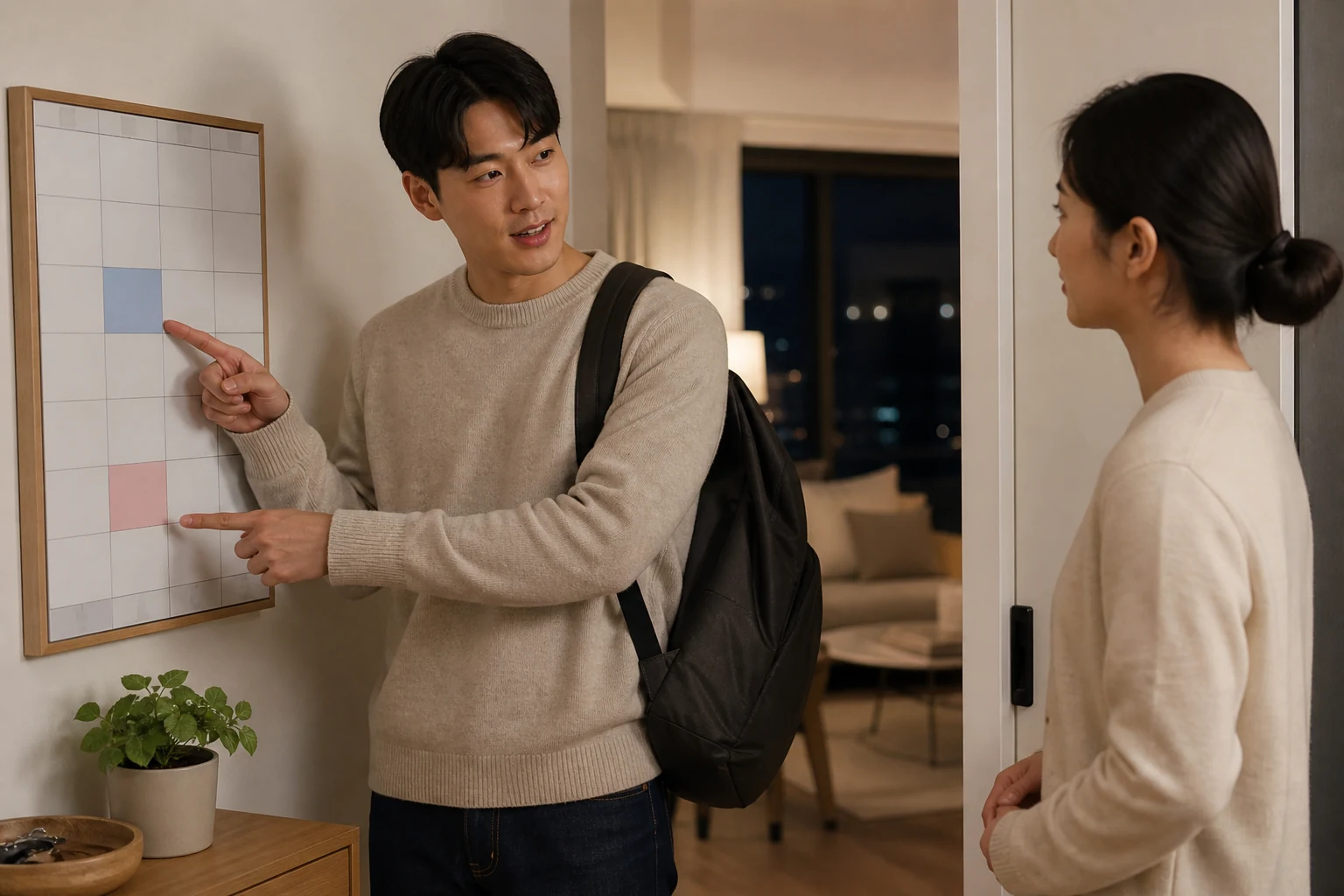 친구 약속과 둘만의 시간을 서로 다른 빈 일정 칸으로 보여주며 설명하는 연인