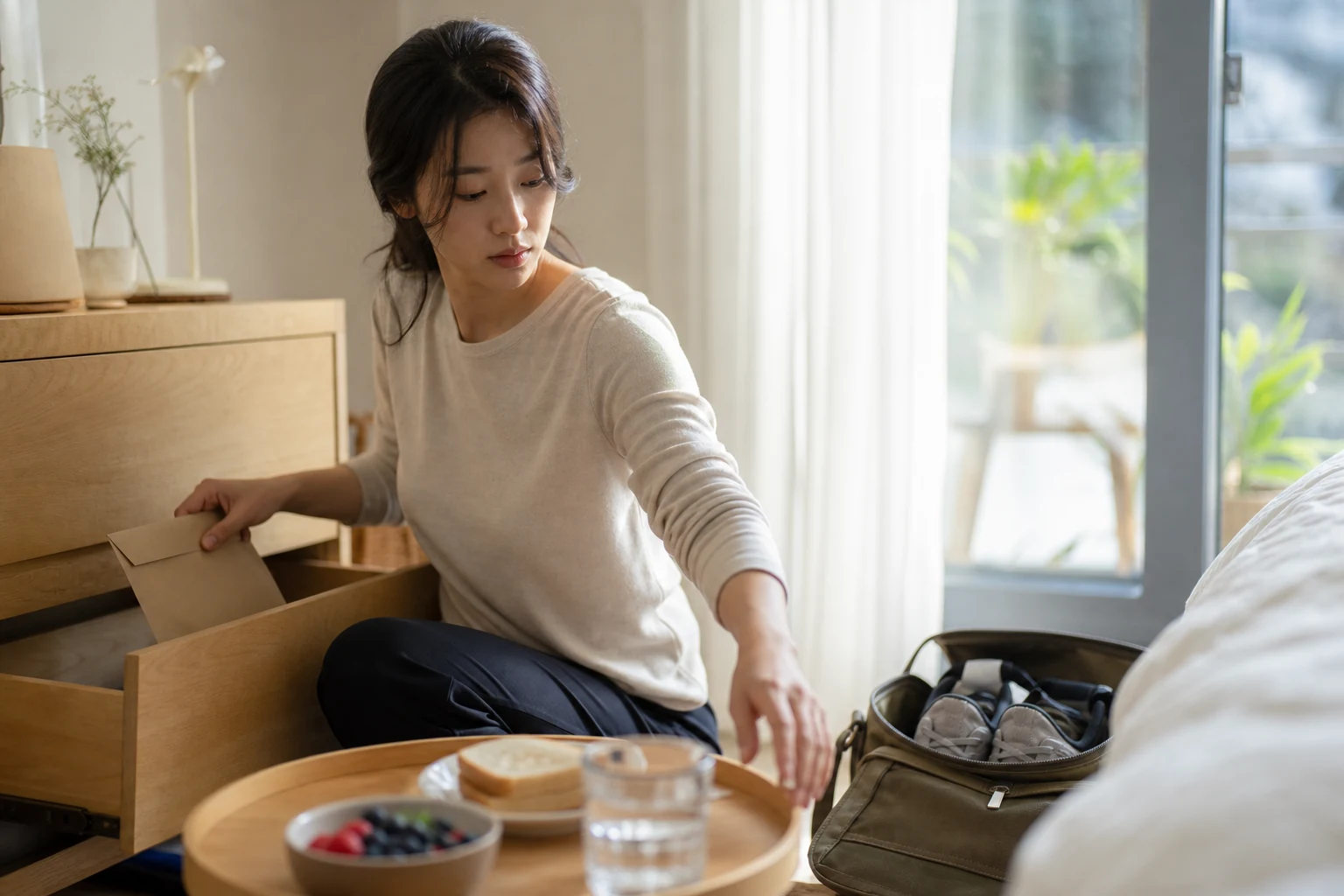 보내지 않을 편지를 서랍에 넣고 아침 식사와 산책 준비로 하루를 회복하는 사람