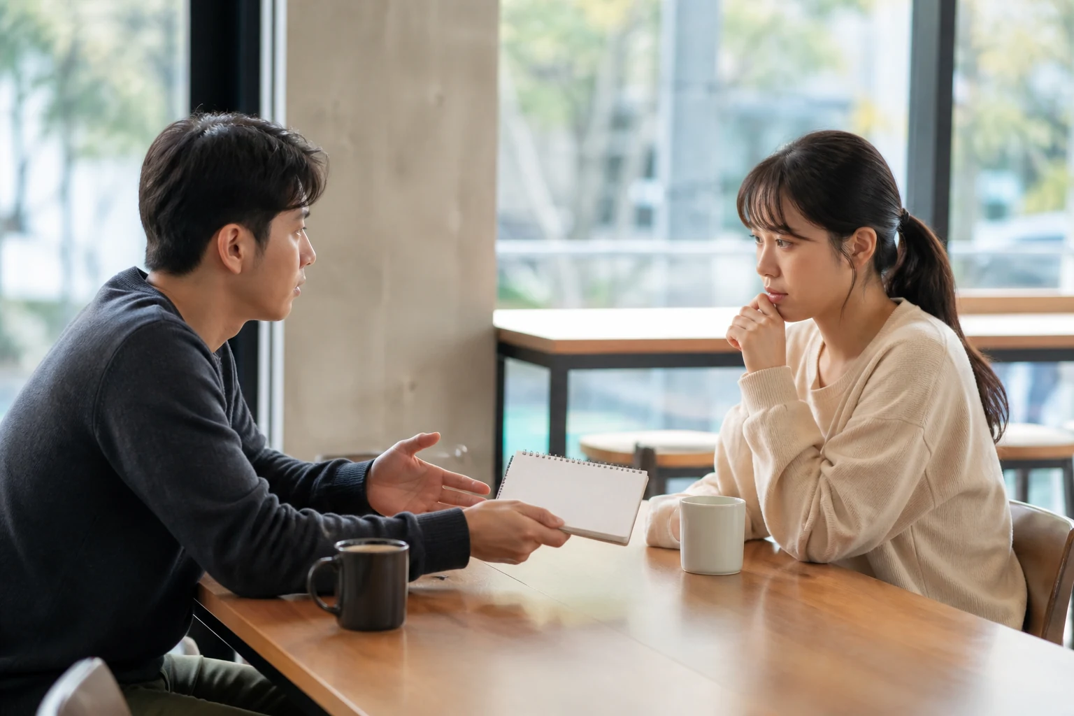 공개된 카페에서 유혹 대신 달라진 행동 계획을 보여주며 재회를 의논하는 두 사람