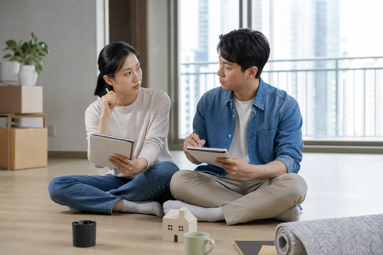 결혼 전 중요한 가치 차이를 각자의 메모와 함께 차분히 논의하는 연인의 모습
