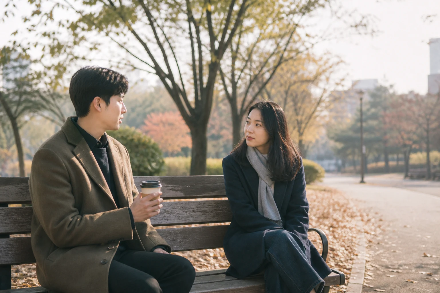공원 벤치에서 거리를 두고 다시 만나 준비한 말을 짧게 나누는 전 연인