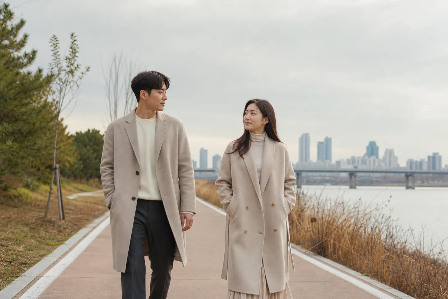 강변을 나란히 걸으며 가까워지는 속도를 천천히 조절하는 연인의 모습