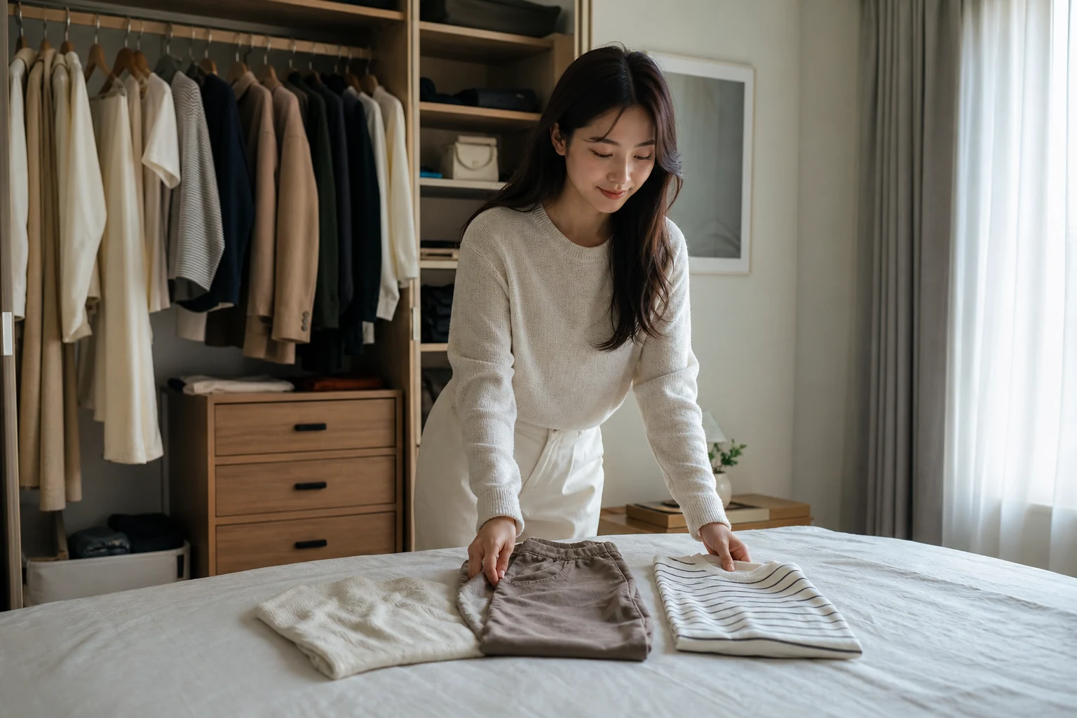 옷장 앞에서 약속 장소와 움직임에 맞는 편안한 옷 세 벌을 차분히 조합하는 사람