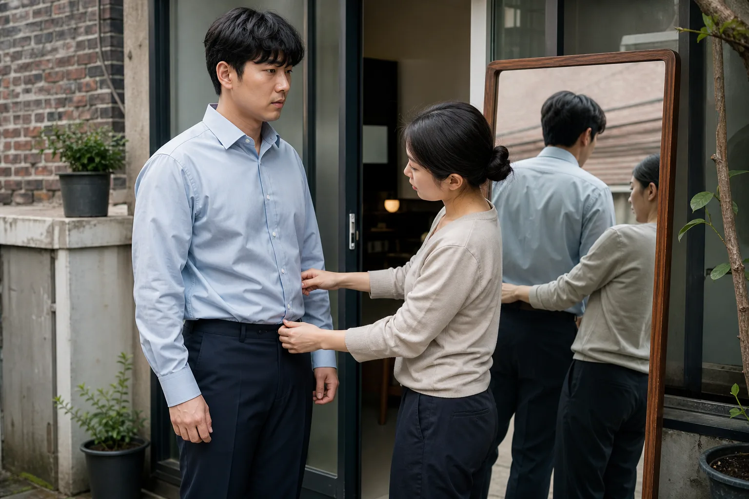 옷 사이즈는 맞는데 어딘가 어색해 보일 때 상황을 일상 공간에서 차분히 마주하는 한국 성인들의 자연스러운 모습