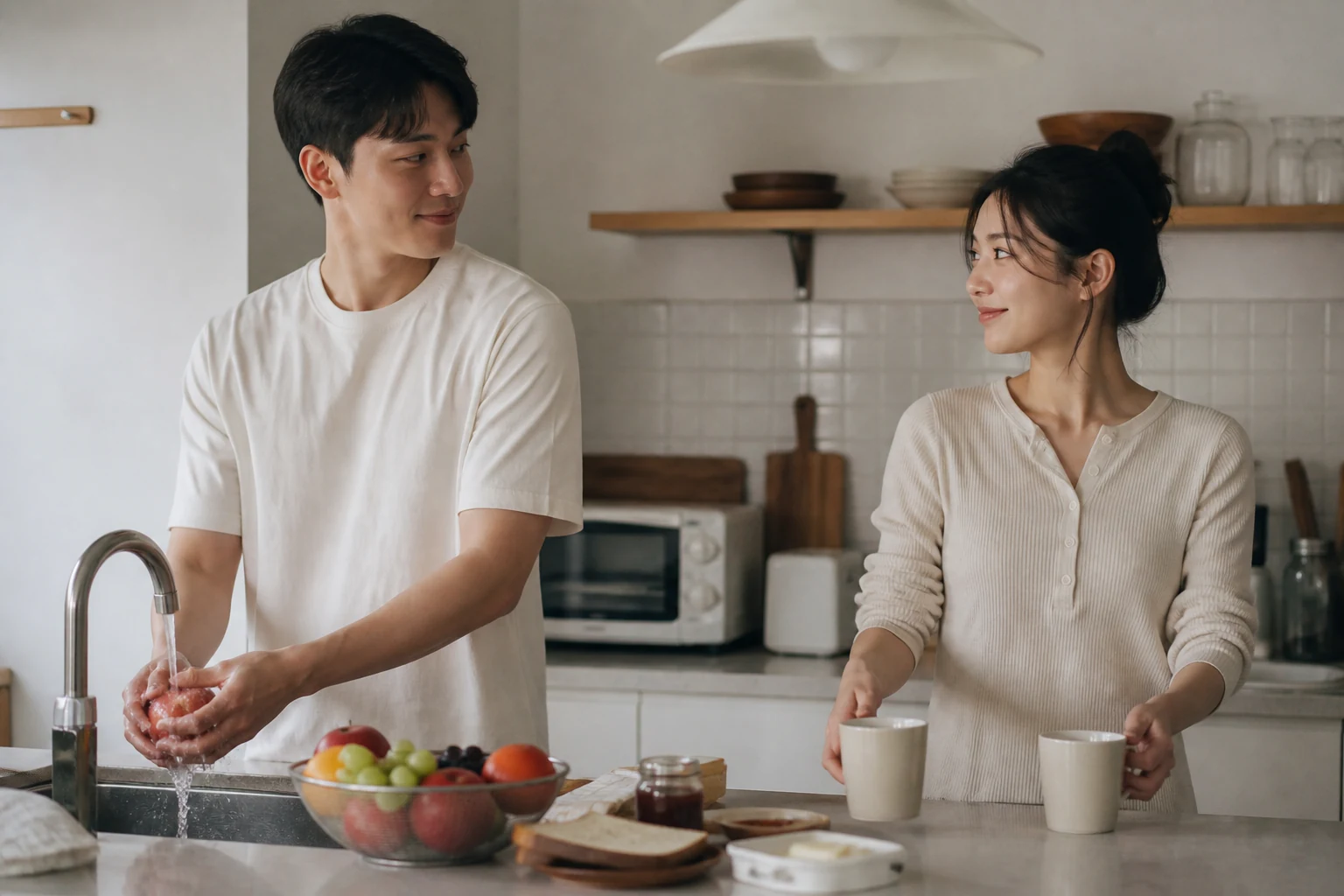아침 주방에서 과일을 씻고 두 잔을 놓으며 평범한 돌봄을 함께 나누는 연인