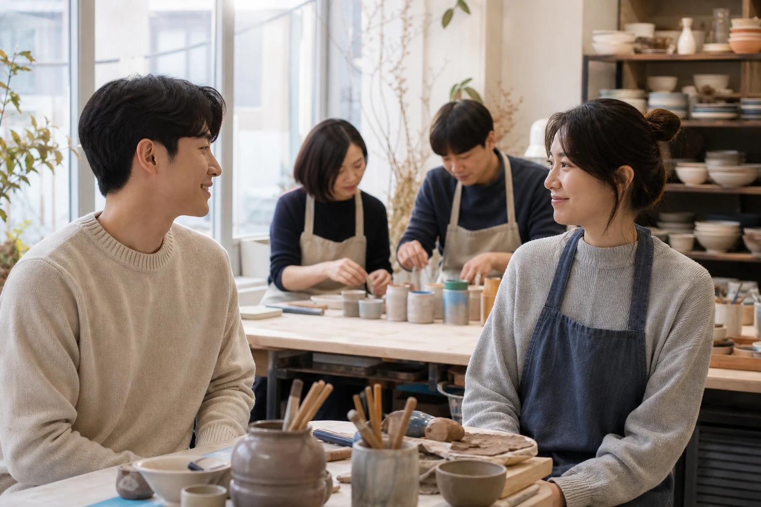 고백 다음 날 모임에서 과장된 해명 없이 평소처럼 따뜻하게 인사하는 두 사람
