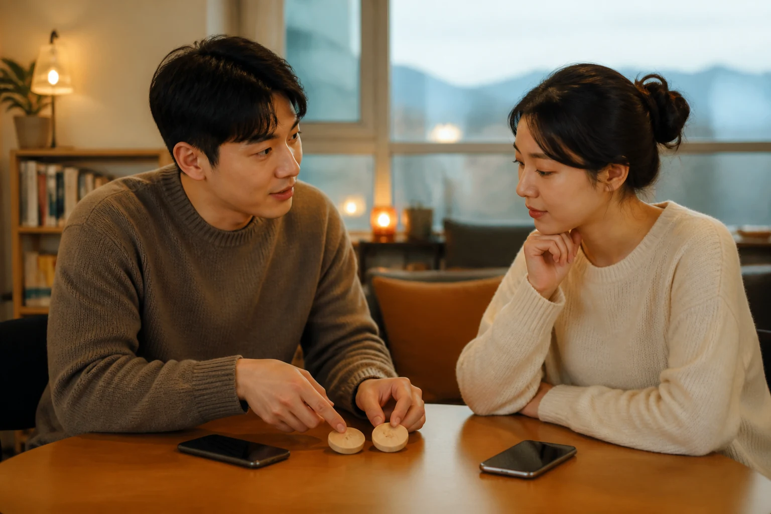 휴대전화를 내려놓고 두 개의 나무 조각으로 원하는 연락 횟수를 구체적으로 의논하는 연인