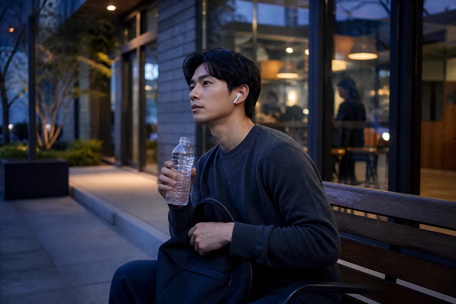이별 대화 뒤 카페 밖 벤치에서 물을 마시며 믿을 만한 사람에게 도움을 청하는 사람