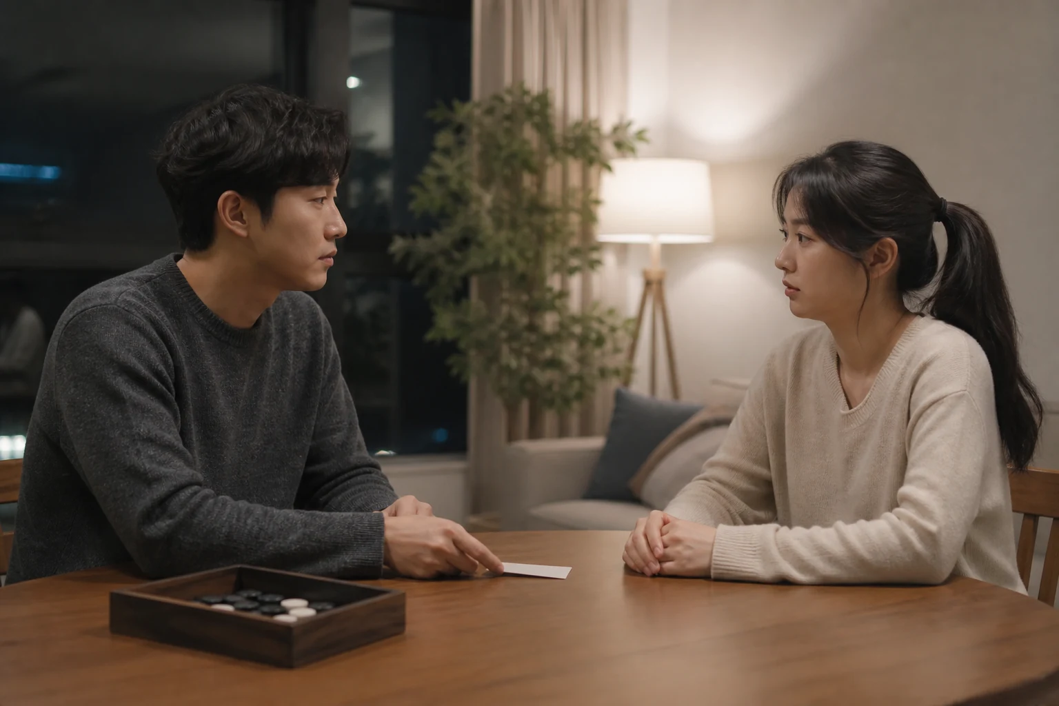 이별이라는 말을 시험처럼 쓰지 않으려고 빈 카드를 옆으로 치우고 직접 질문하는 연인