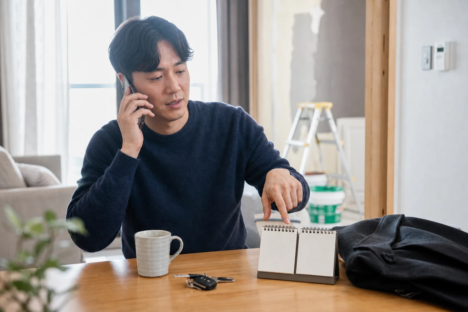 갑작스러운 집 수리 때문에 약속 상대에게 미리 전화하고 다른 두 날짜를 제안하는 사람