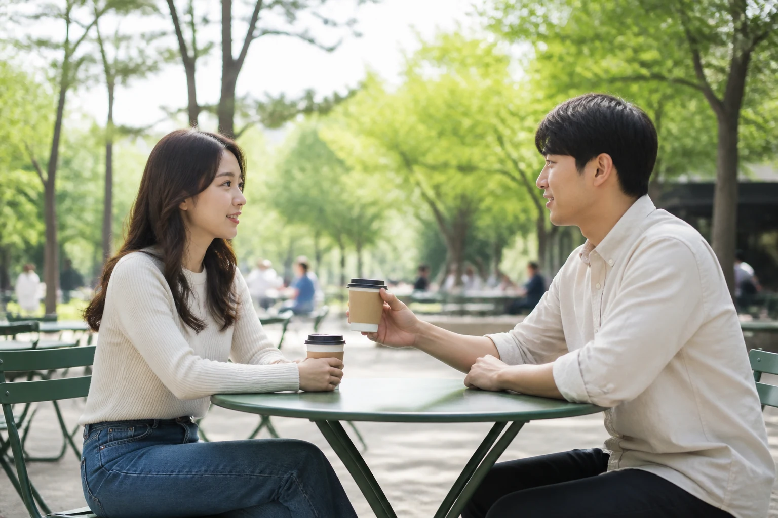 공원 테이블에서 커피 한 잔을 건네며 승부가 아닌 솔직한 마음으로 고백하는 두 사람