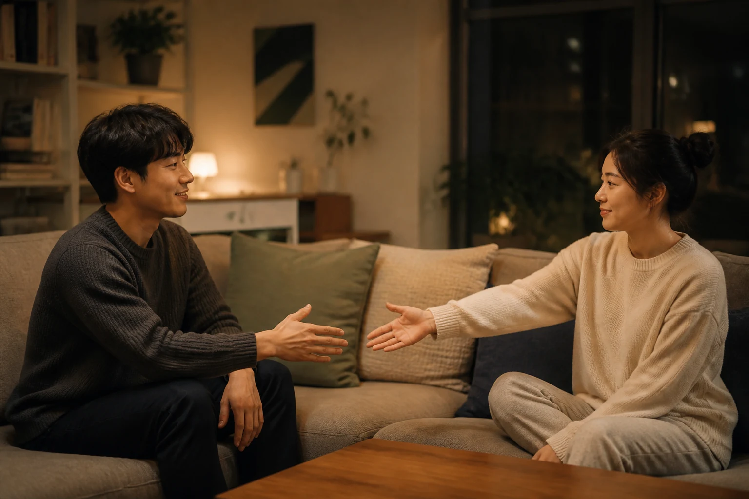 소파에서 손을 내밀기 전 기다리고 서로의 동의를 확인한 뒤 손을 맞잡으려는 연인