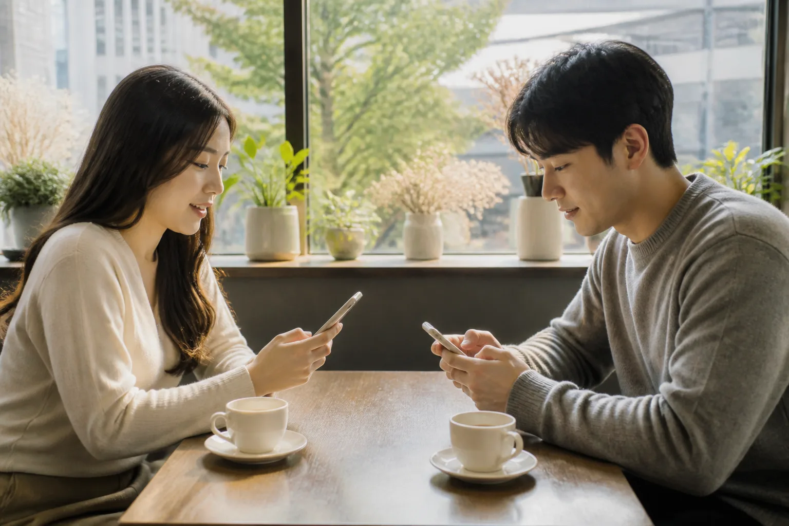 카페에서 각자의 일정을 확인하며 연락을 통제가 아닌 약속으로 맞추는 연인의 모습