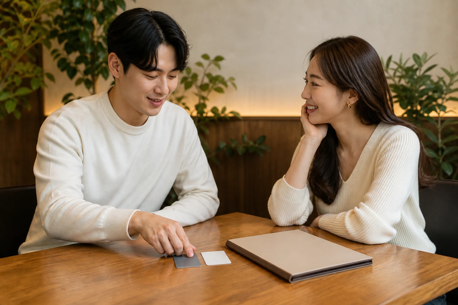 데이트 전에 두 장의 결제 카드를 나란히 두고 비용을 어떻게 나눌지 가볍게 합의하는 두 사람