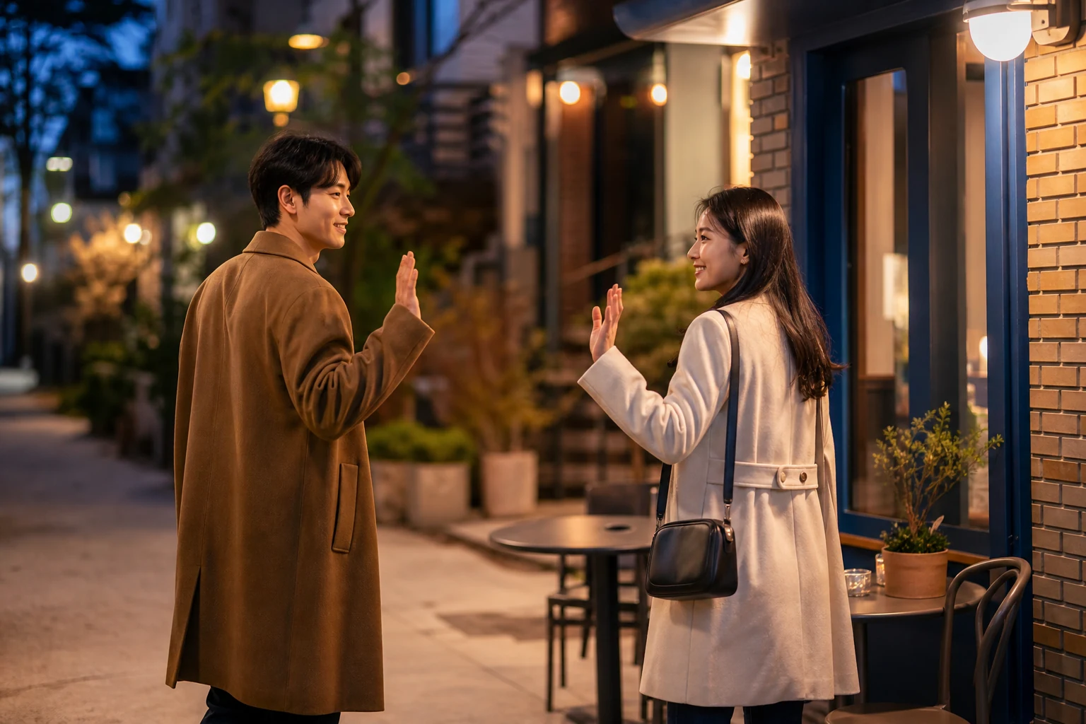즐거운 데이트가 끝난 뒤 카페 앞에서 짧은 감사 인사와 미소로 각자 돌아가는 두 사람