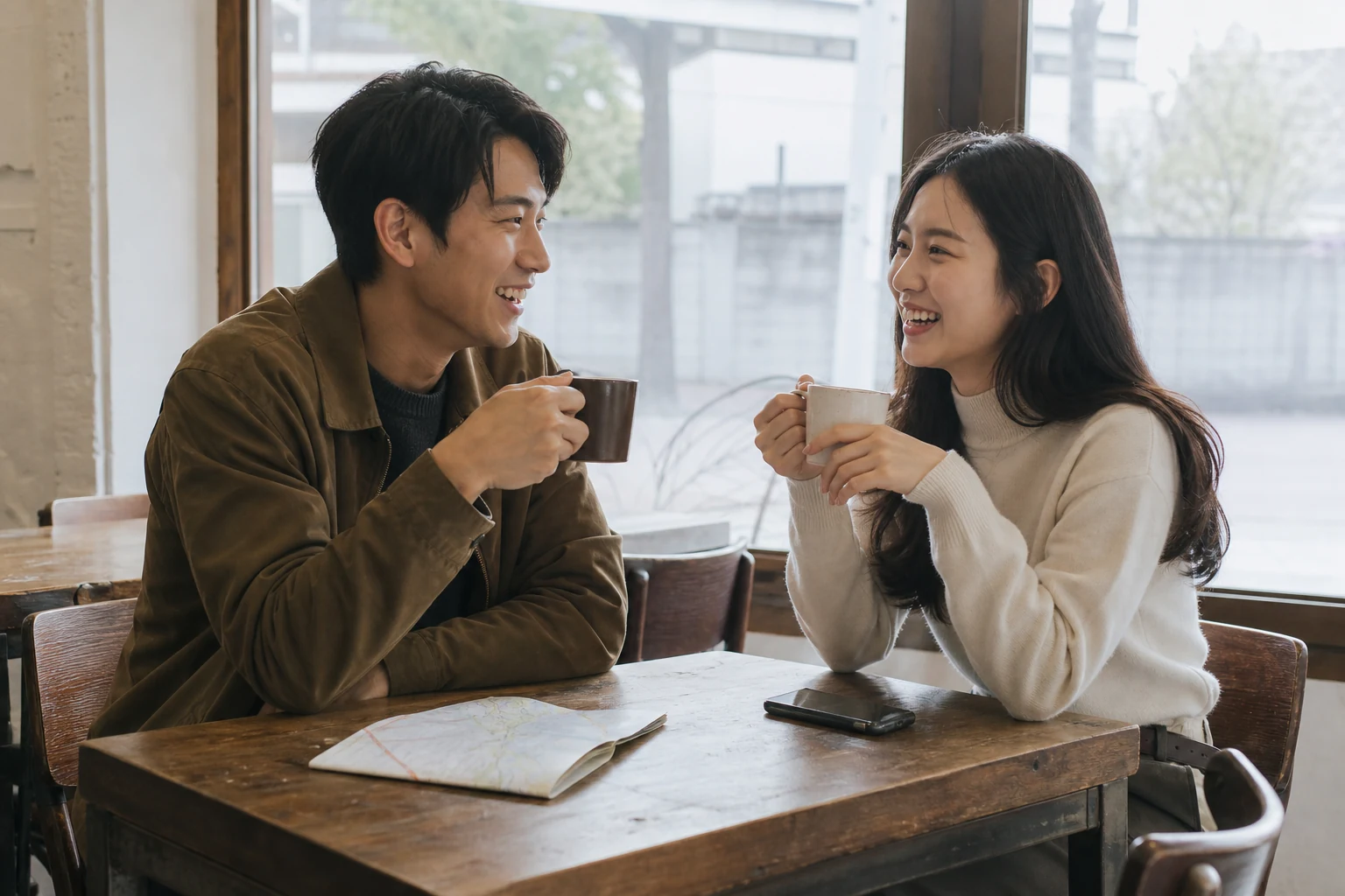 화려한 명소 대신 편안한 동네 카페에서 서로의 대화에 집중하며 웃는 두 사람