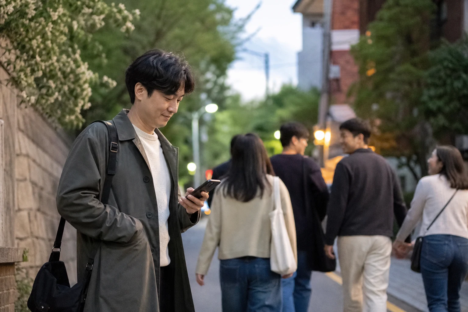 독서 모임 뒤 맥락 있는 첫 메시지를 한 번 보내고 앞서 걷는 친구들에게 돌아가는 사람